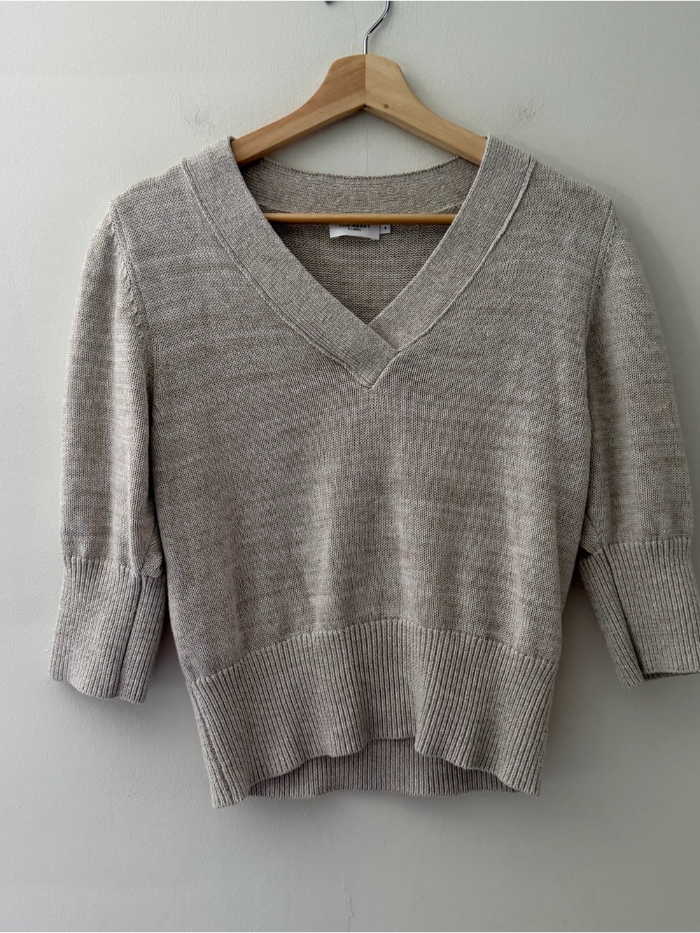 The Reset Sweater Knit Linen Cotton Beige Short Sleeve Size Small Classic V-Neck